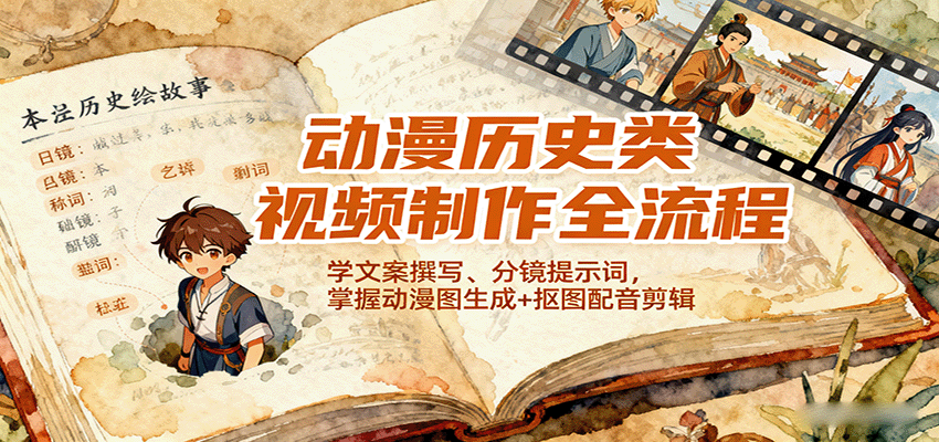 动漫历史类视频制作全流程,学文案撰写、分镜提示词,掌握动漫图生成+抠图配音剪辑-摇钱述