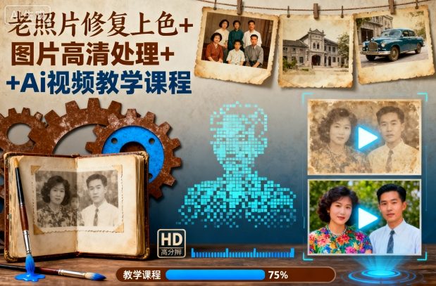老照片修复上色+图片高清处理+Ai视频教学课程-摇钱述
