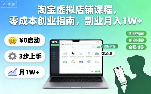 淘宝虚拟店铺课程，零成本创业指南，副业月入1W+-摇钱述